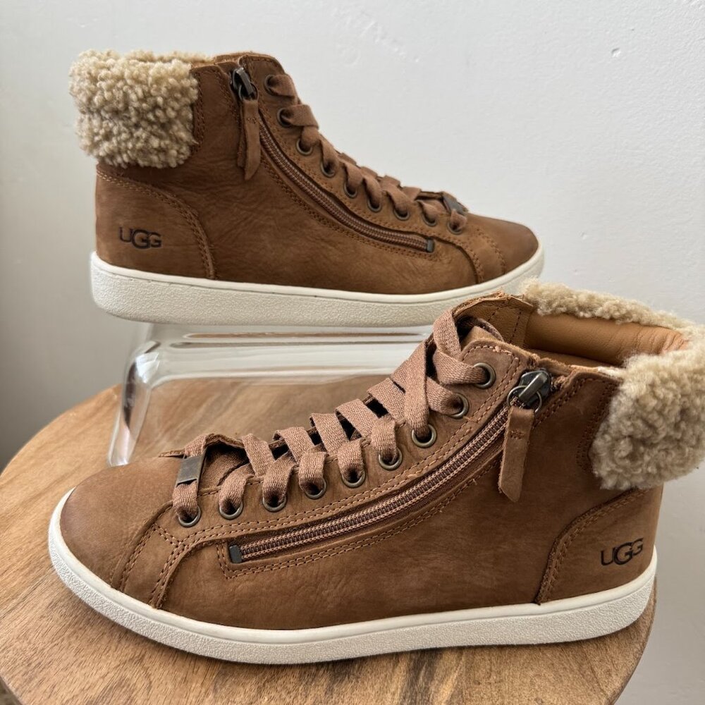 UGG Olive High Top Sneaker Leather Shearling Zip Lace Casual Women Boot 8.5 - Picture 3 of 11